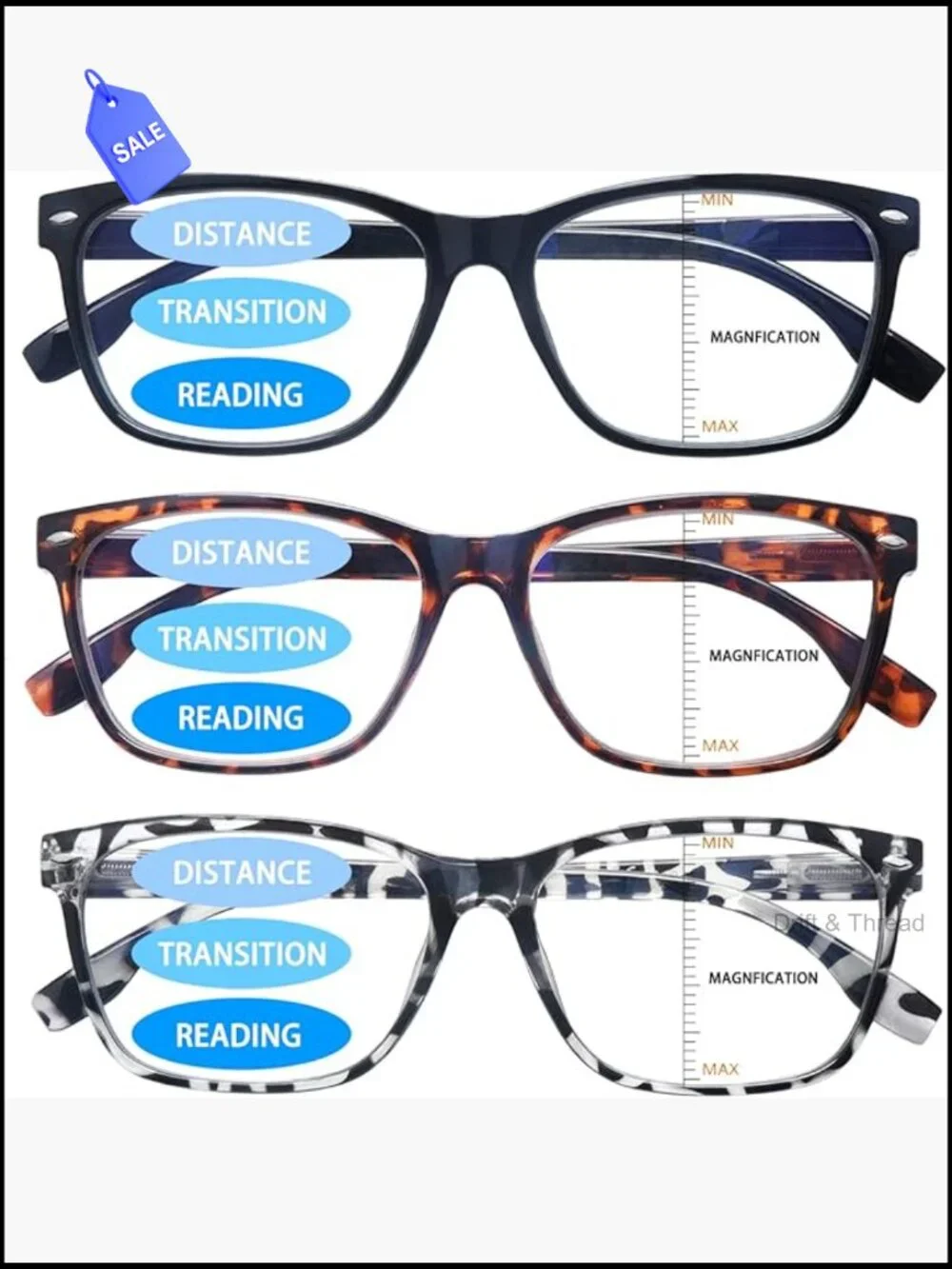 3 Pack Progressive Multifocus Reading Glasses Blue Light Blocking Spring Hinge